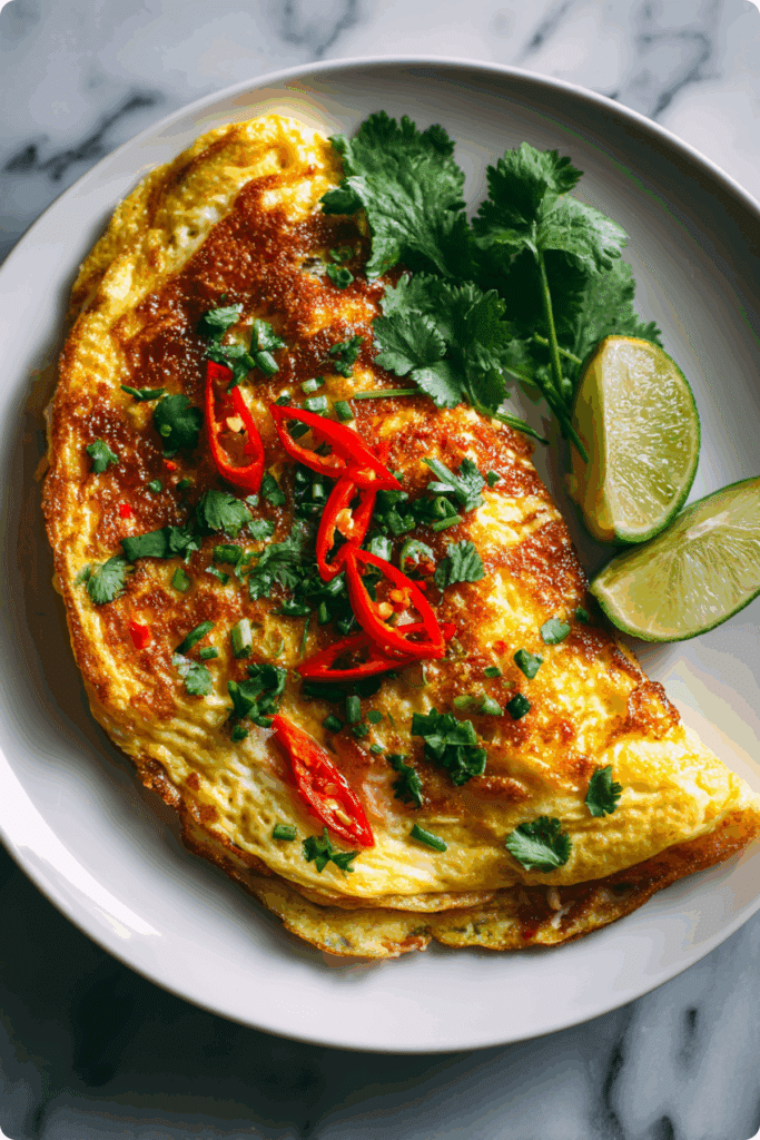 Golden Thai crab omelette served with rice and chili sauce.