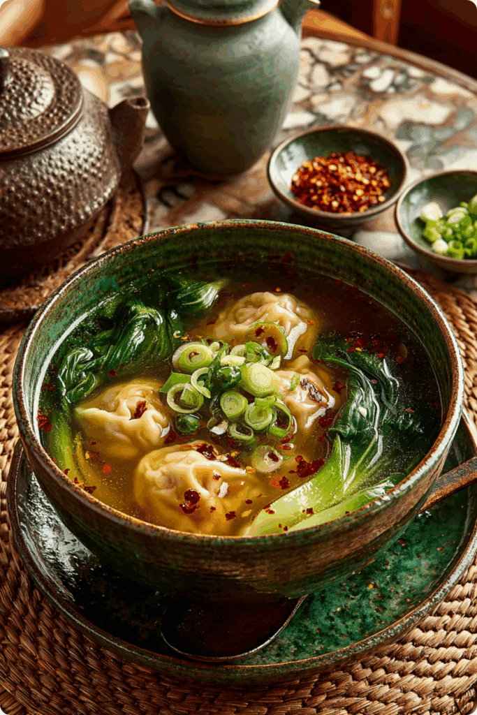 Authentic Thai Wonton Soup Recipe with bok choy and green onions