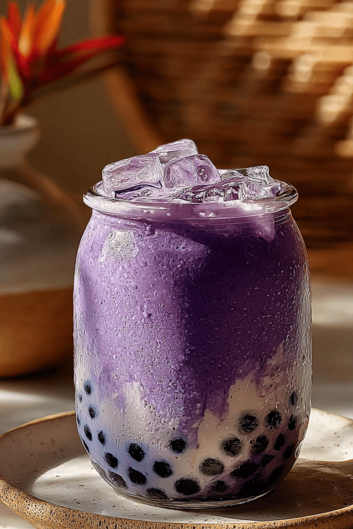 Homemade Taro Milk Tea Boba in a clear glass with pearls.