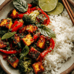Thai Basil Tofu Stir-Fry served with holy basil and chilies in a white bowl.