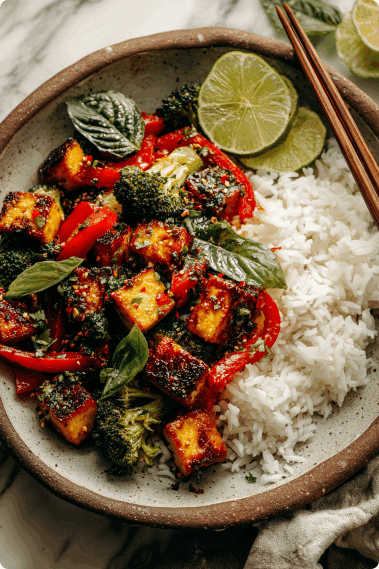 Thai Basil Tofu Stir-Fry served with holy basil and chilies in a white bowl.