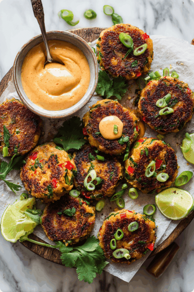 Crispy Thai Shrimp Cakes with Chili Aioli served with lime wedges and cilantro on a rustic wooden plate.