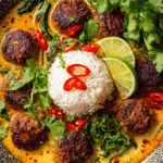 A bowl of Thai Coconut Curry Meatballs in creamy coconut curry sauce topped with cilantro and lime.
