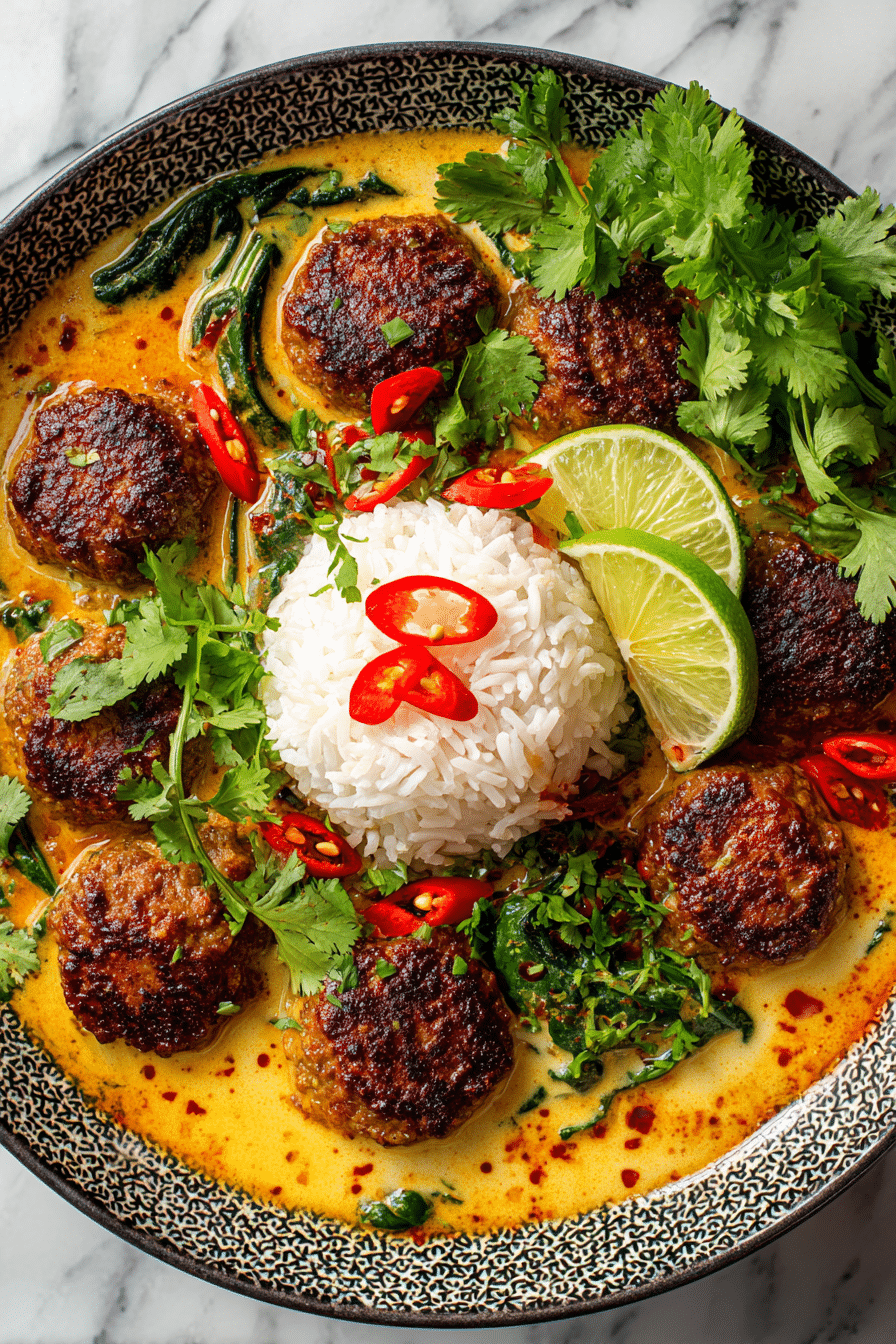 A bowl of Thai Coconut Curry Meatballs in creamy coconut curry sauce topped with cilantro and lime.