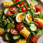 Finished Thai Corn and Cucumber Salad with colorful vegetables and salted egg garnish.