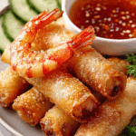 Shrimp in a Blanket served with Thai chili sauce on a platter.