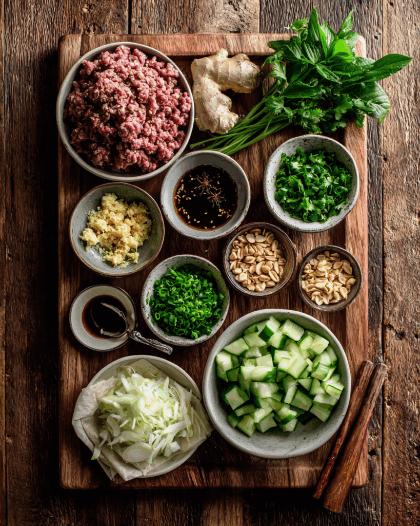 Flat lay of ingredients for Thai Basil Beef Rolls.