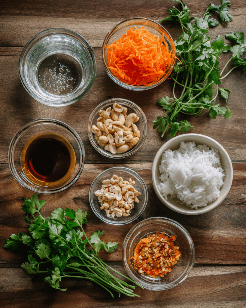 Ingredients for Thai spring roll dipping sauce including water, rice vinegar, sugar, salt, chili, peanuts, and grated carrot