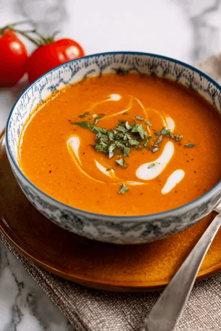 Creamy Thai Tomato Soup Recipe with cilantro and coconut swirl.