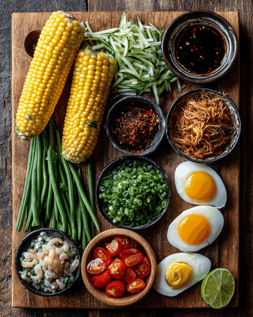 Ingredients for Thai Corn and Cucumber Salad laid out on a wooden table.