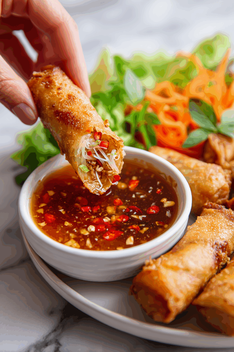 Homemade Thai spring roll dipping sauce in a small bowl with peanuts, carrots, and sliced chili