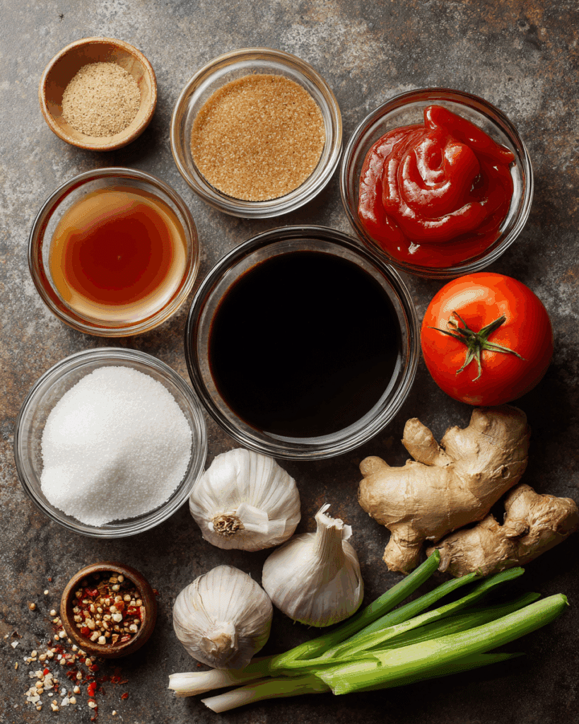 Flat lay of soy sauce, oyster sauce, sugar, vinegar, ketchup, and water for stir fry sauce.