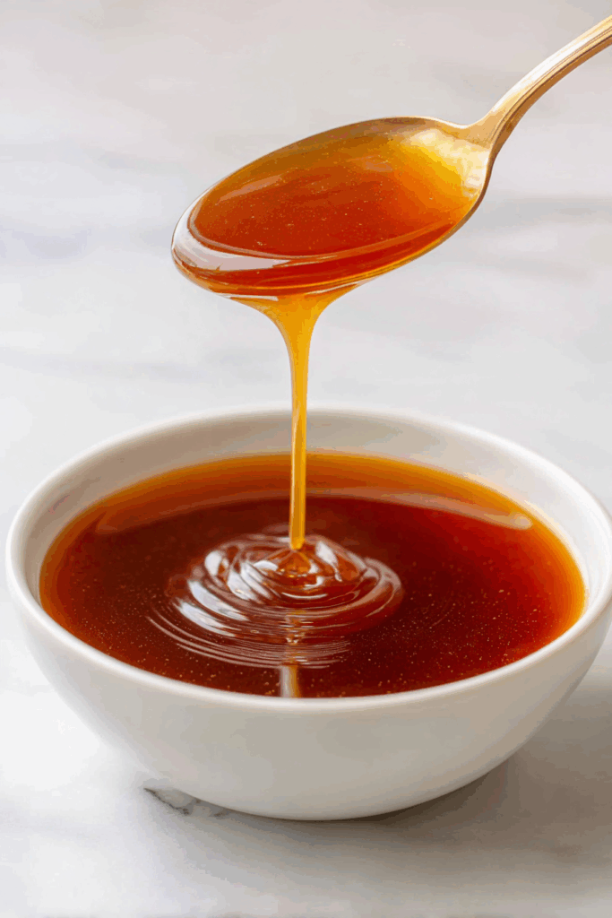Finished sweet and tangy stir fry sauce in a glass bowl on a wooden table.