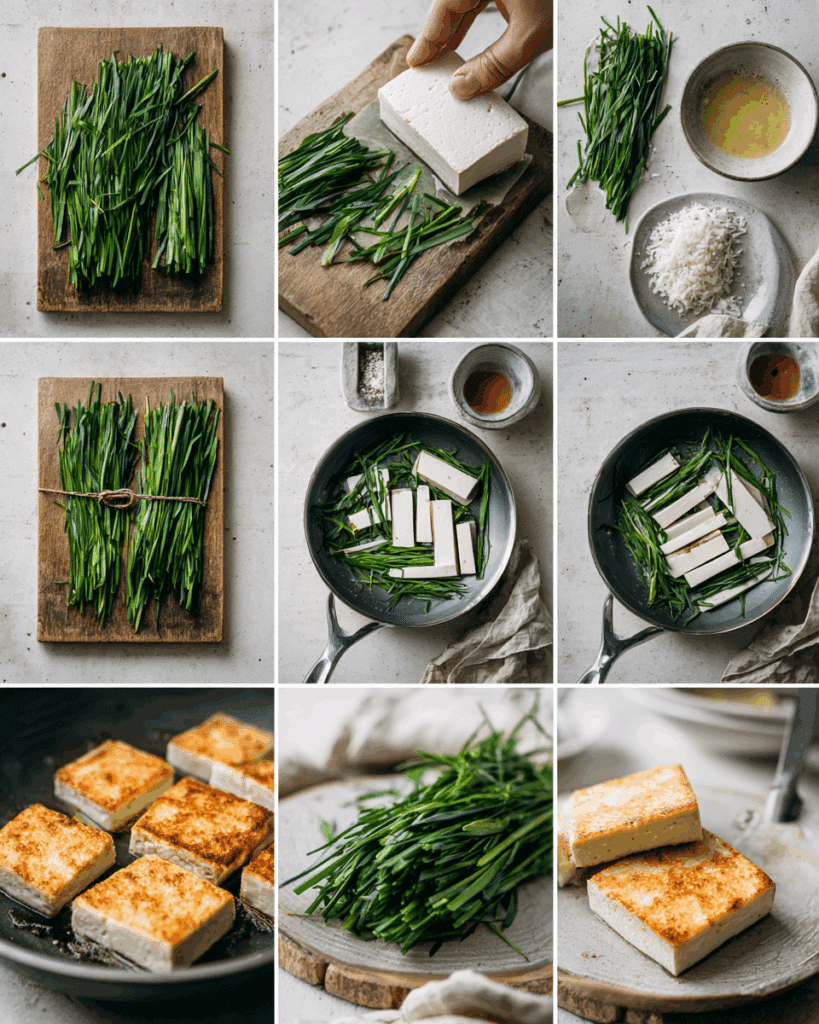 Stir frying garlic chives and tofu in a wok.