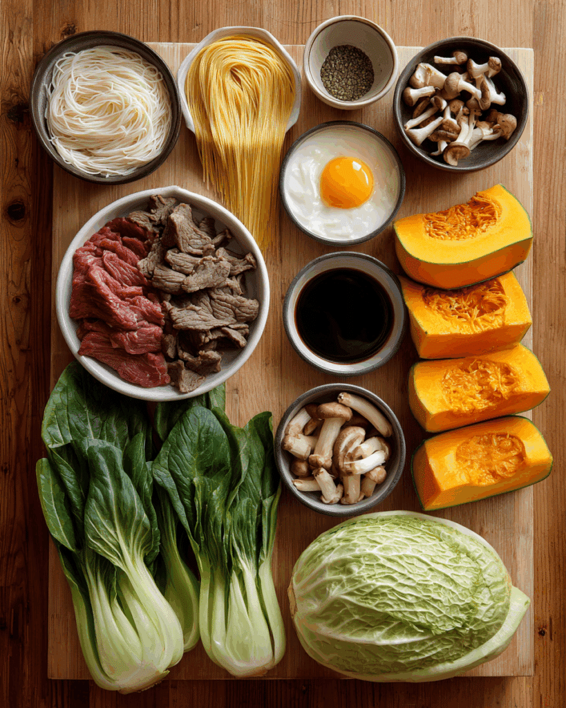 Ingredients for authentic Suki Dry Noodles recipe arranged neatly.