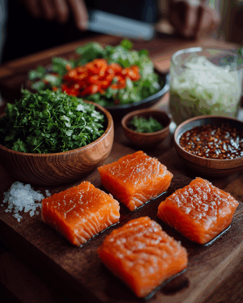Making Nam Jim Seafood dressing for spicy salmon salad.