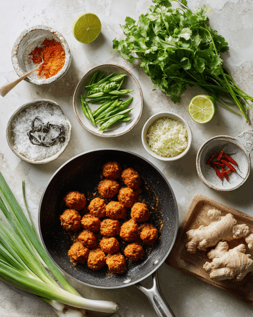 Meatballs simmering in coconut curry sauce in a pan.