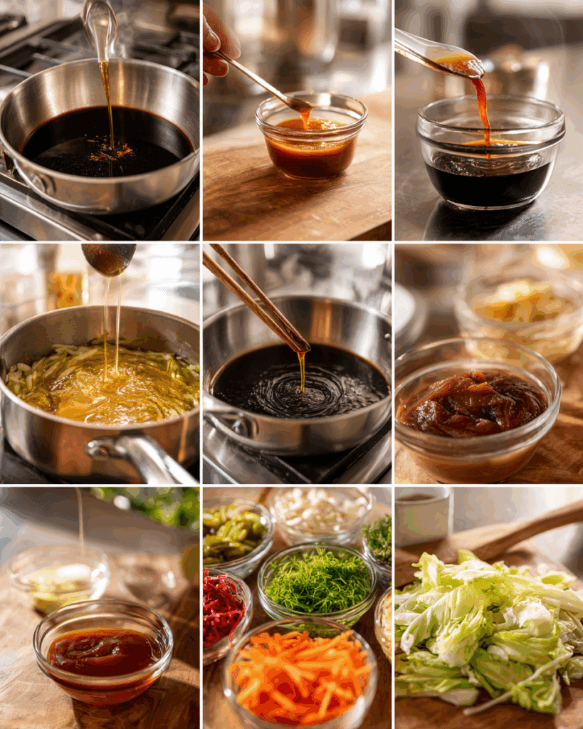 Sauce warming in a saucepan while being stirred with a wooden spoon for the recipe Sweet and Sour Sauce for Stir Fry