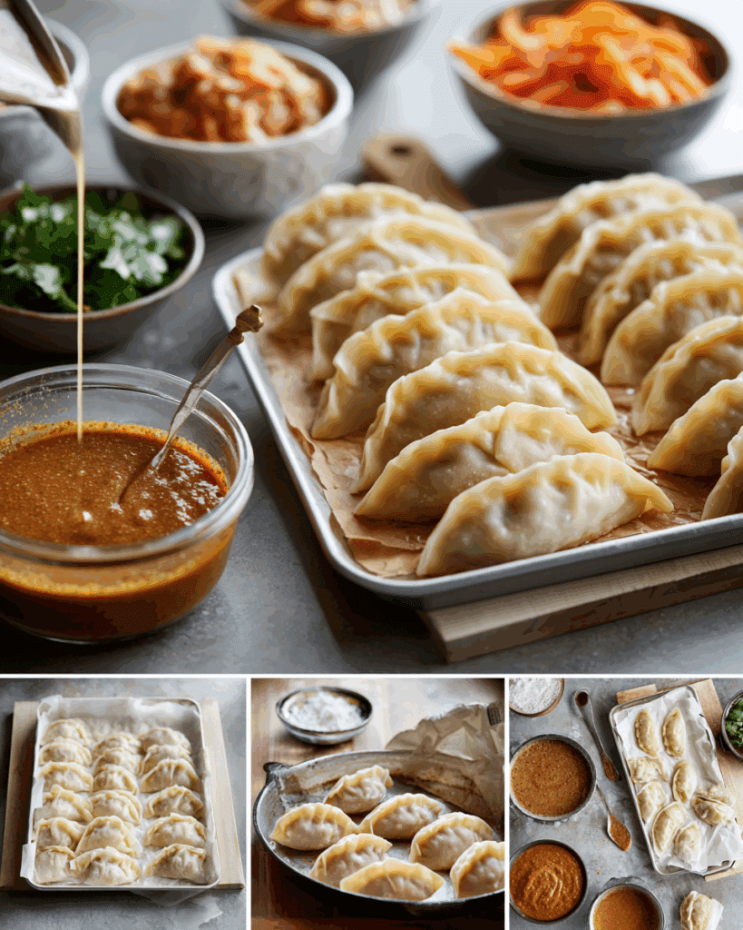 Frozen dumplings being coated in curry sauce before baking