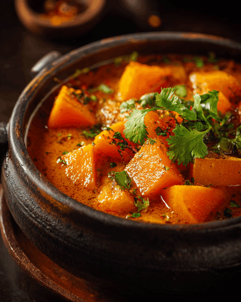 Frying curry paste in coconut cream during  the cooking of Red Curry with Pumpkin 