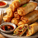 Crispy Spring Rolls with sweet chili sauce on a wooden table