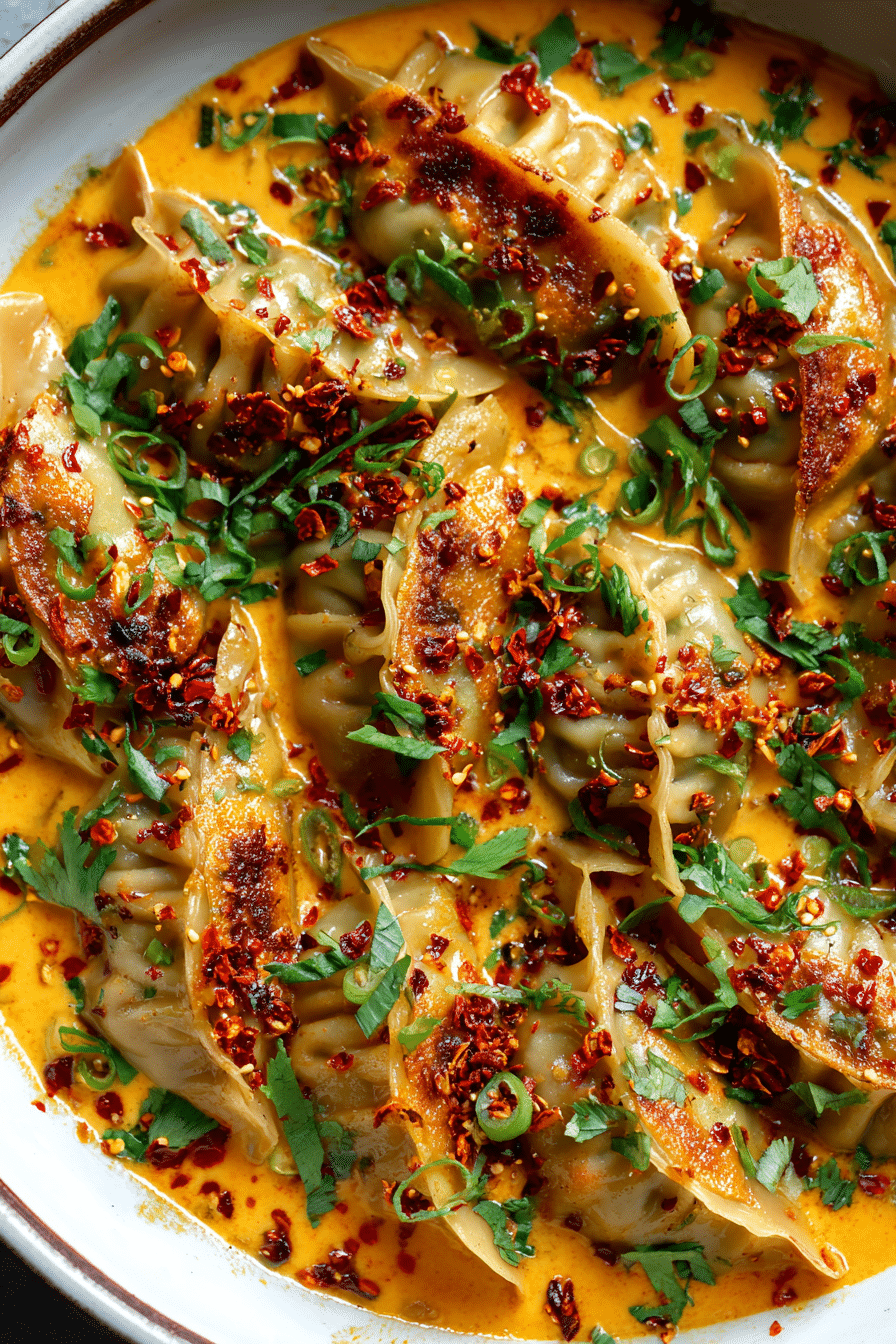 Baked dumplings in Thai red curry sauce freshly garnished and ready to serve