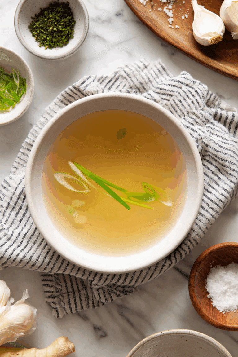 Clear Thai style broth served warm with fresh herbs in a ceramic bowl.