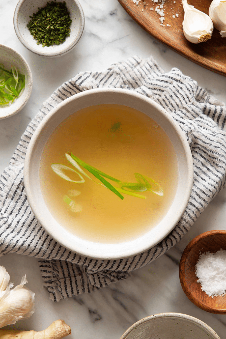 Clear Thai style broth served warm with fresh herbs in a ceramic bowl.