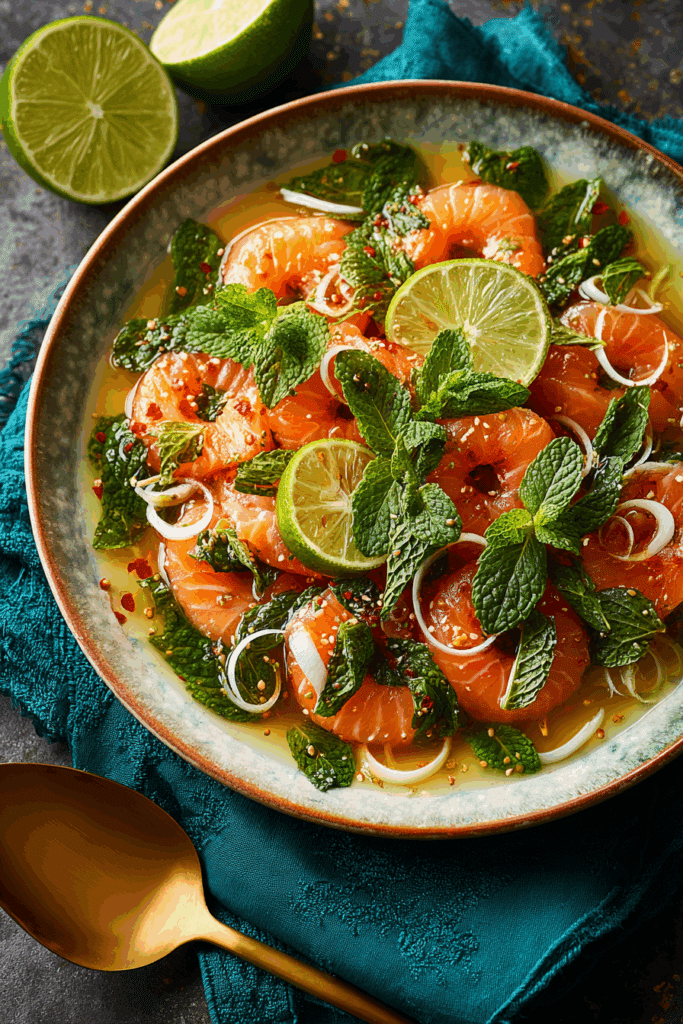 Finished spicy salmon sashimi salad on a plate with herbs and lime.