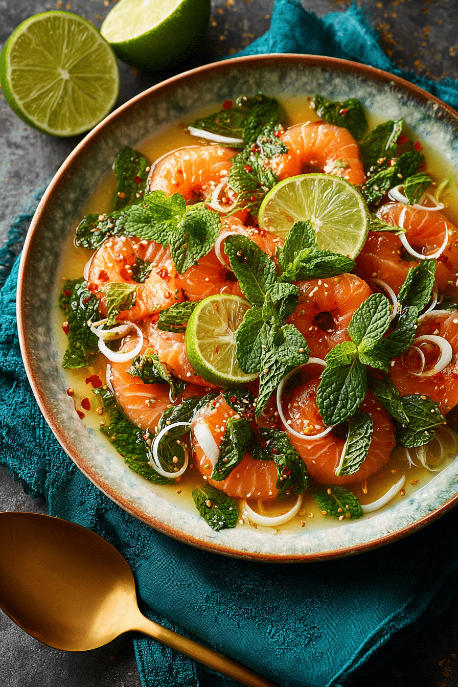 Finished spicy salmon sashimi salad on a plate with herbs and lime.