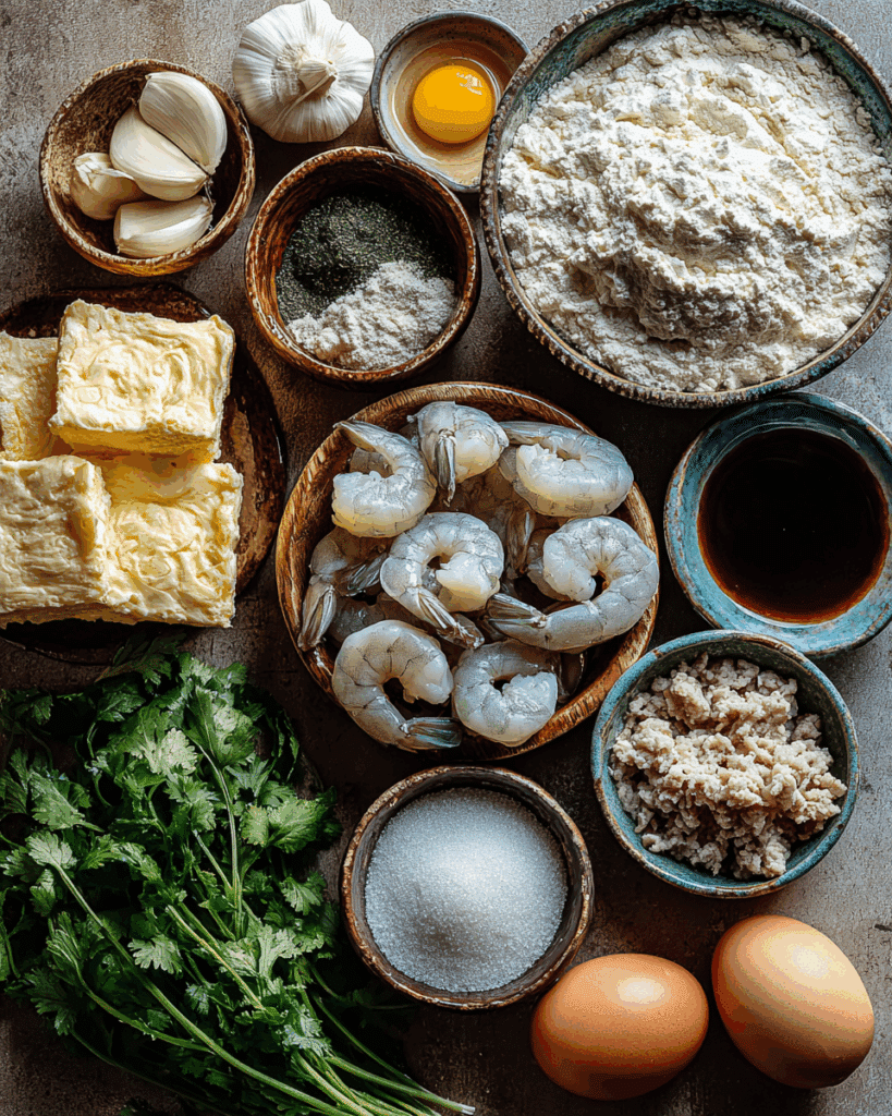 Ingredients for Shrimp in a Blanket recipe laid out on table.
