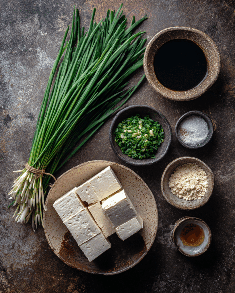 Ingredients for Garlic Chives Recipe with Tofu arranged neatly.