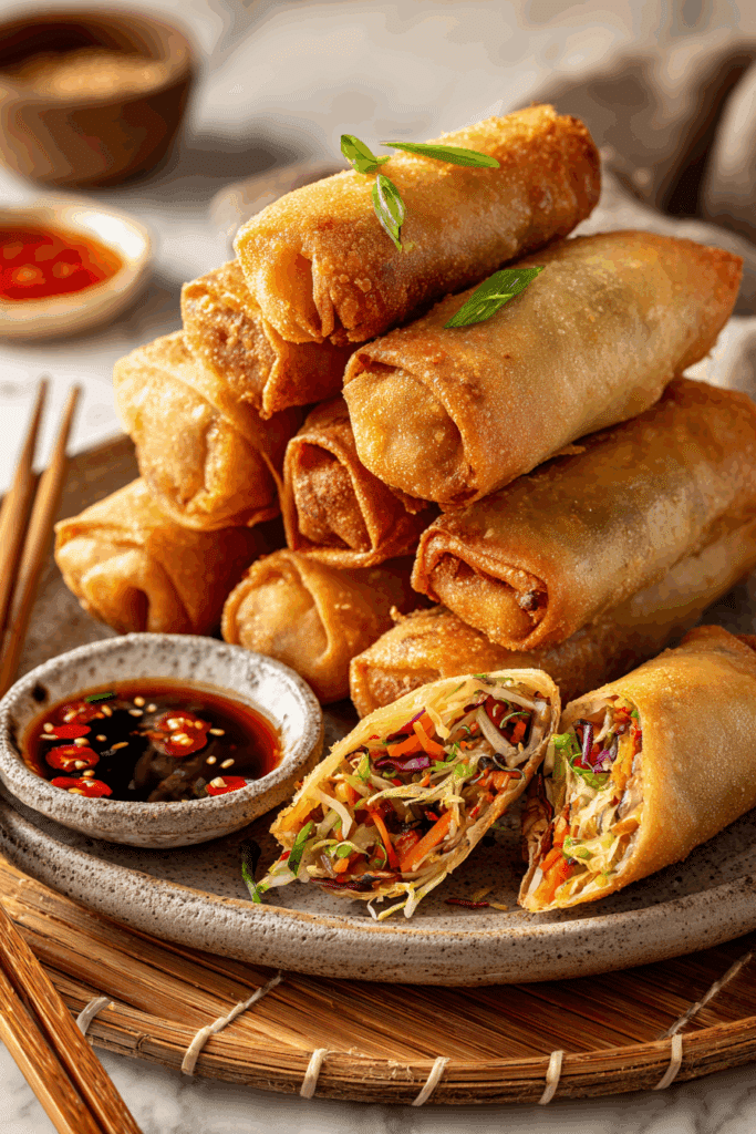 Crispy Spring Rolls with sweet chili sauce on a wooden table