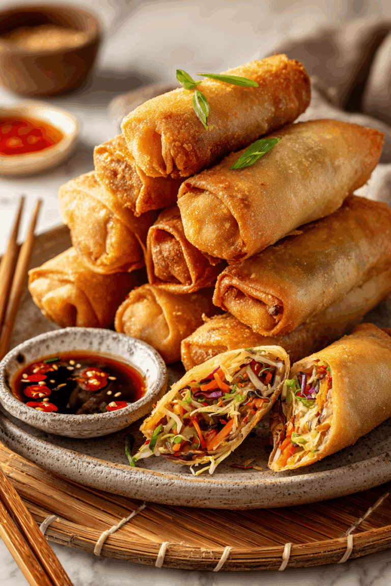 Crispy Spring Rolls with sweet chili sauce on a wooden table