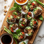 Fresh beef and herb rolls on a wooden table.