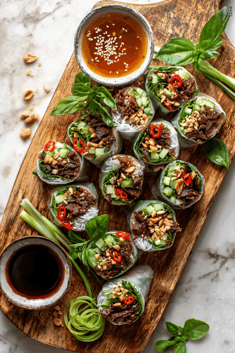 Fresh beef and herb rolls on a wooden table.