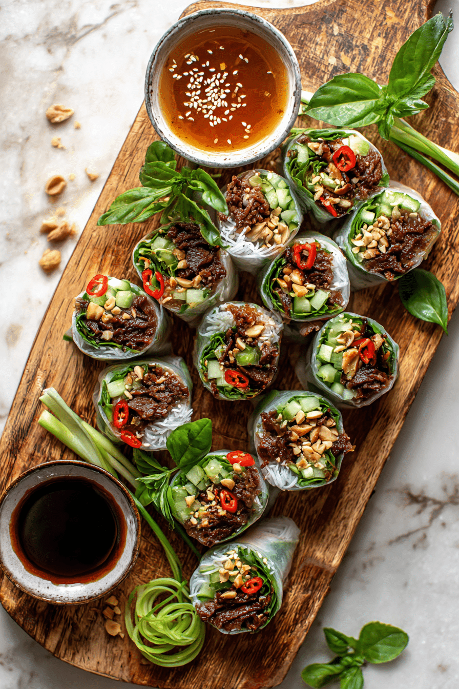 Fresh beef and herb rolls on a wooden table.