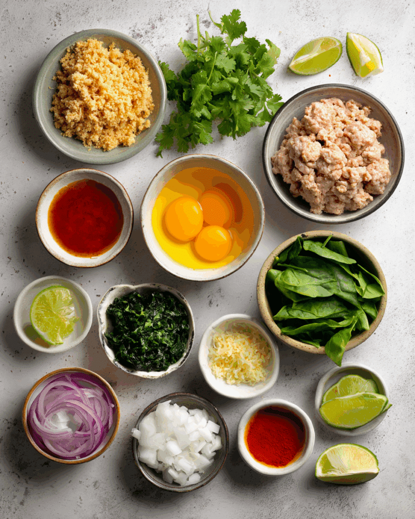 Flat lay of ingredients used to make Thai Coconut Curry Meatballs.