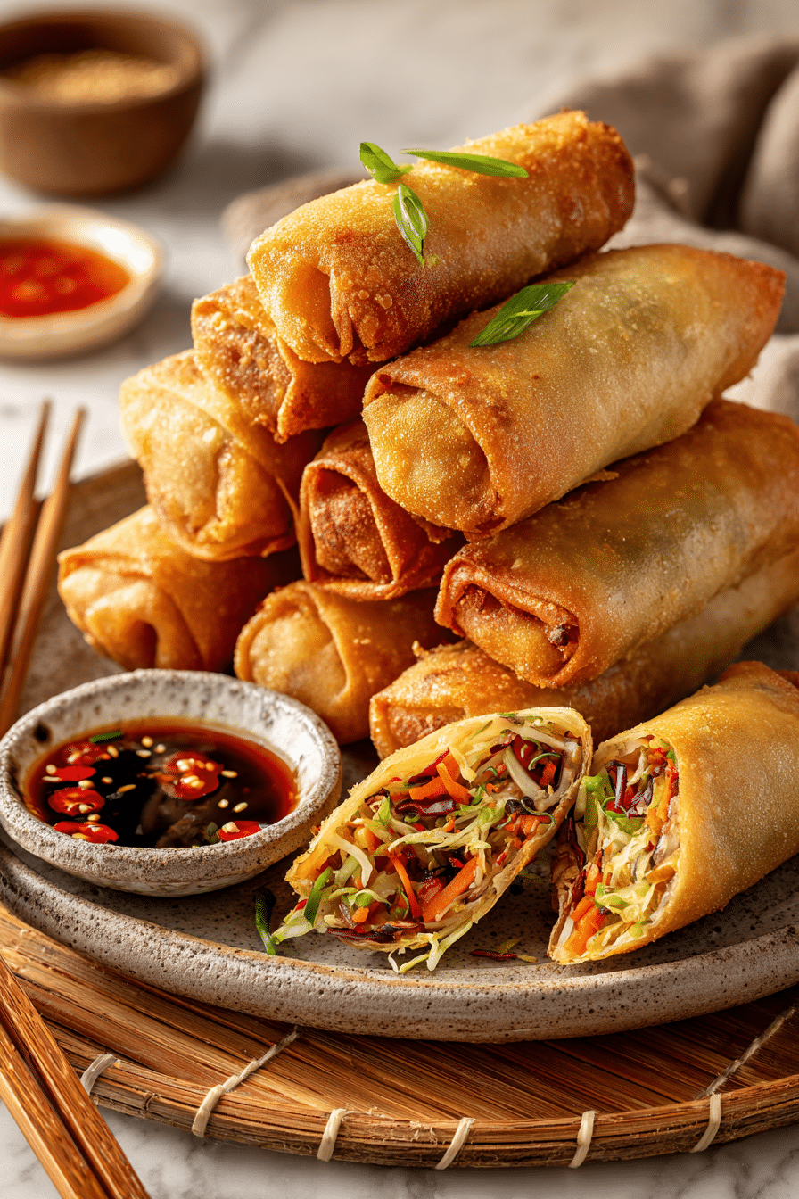 Crispy Spring Rolls with sweet chili sauce on a wooden table