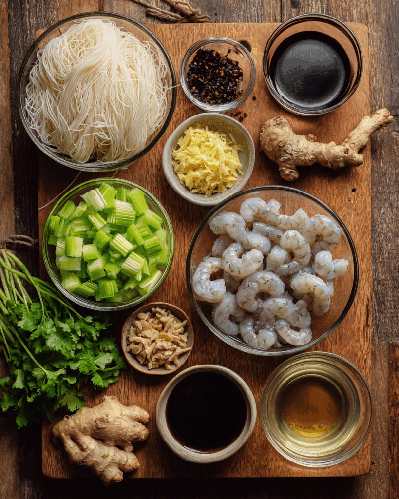 Ingredients for Shrimp and Noodle Clay Pot flat lay