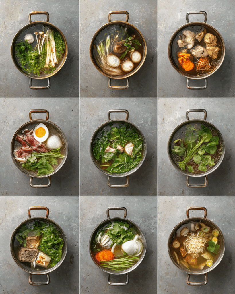 Pot of simmering broth being skimmed during the cooking process.