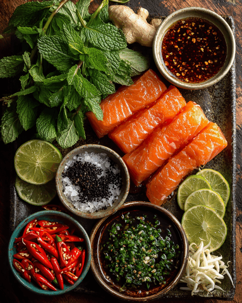 Flat lay of ingredients for spicy salmon sashimi salad.