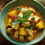 Bowl of Thai style pumpkin curry with basil and rice