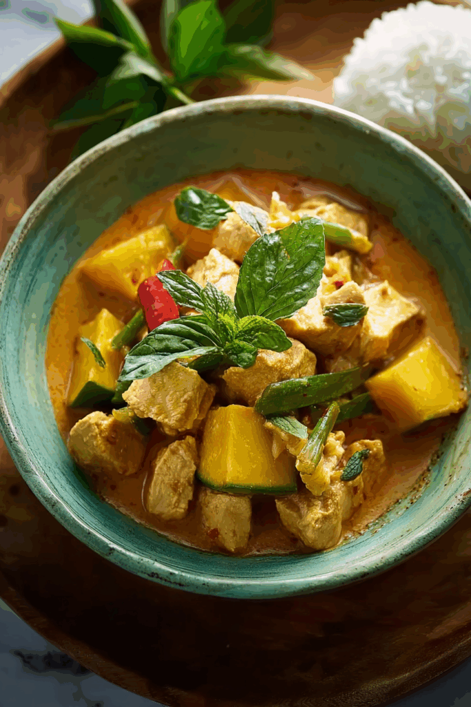 Bowl of Thai style pumpkin curry with basil and rice