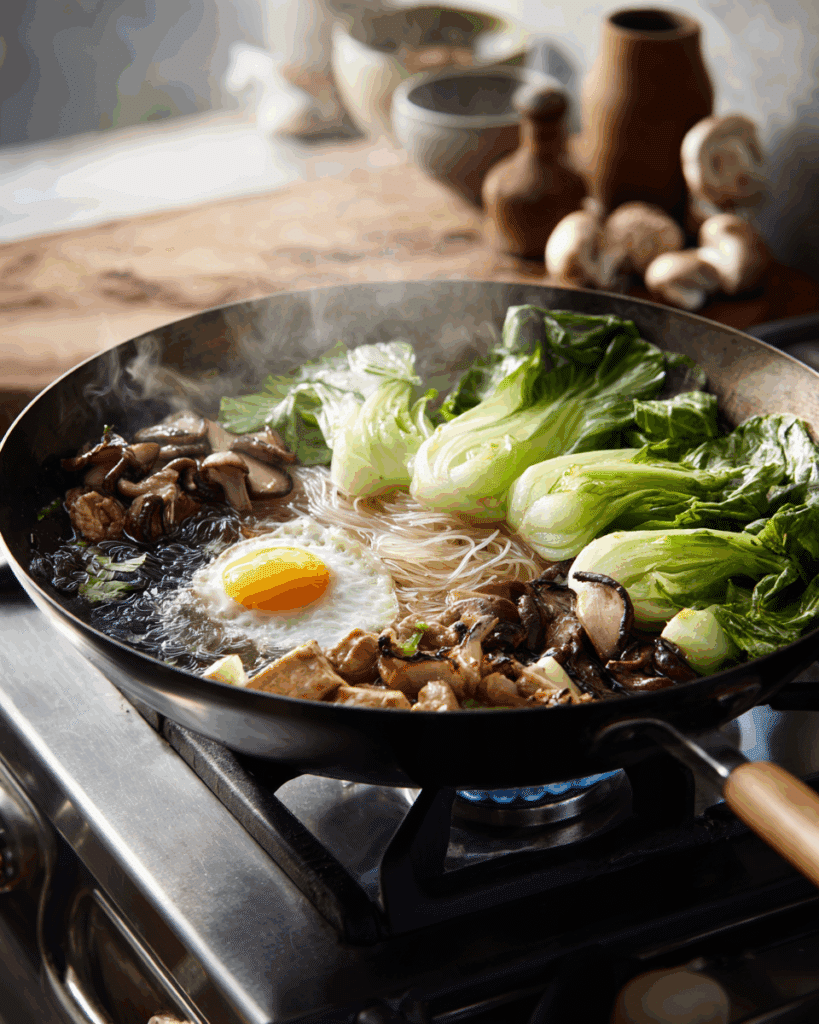 Stir-frying noodles and beef for the Suki Dry Noodles recipe.