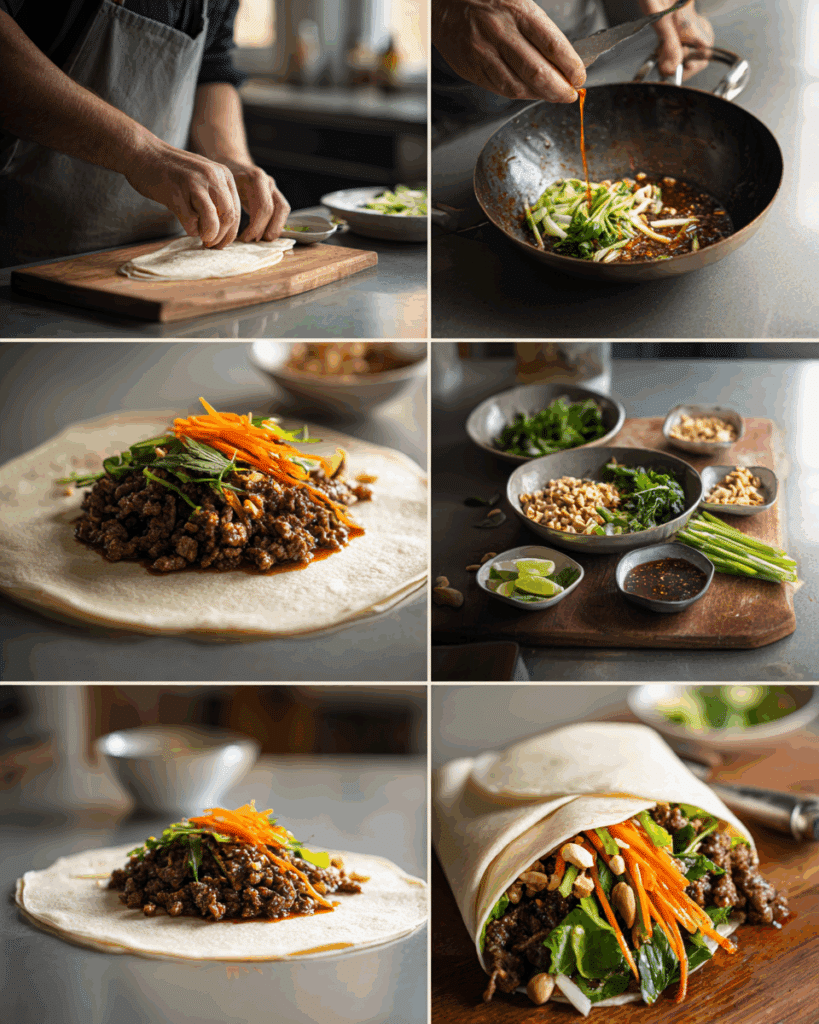 Beef cooking in a pan with herbs and garlic.