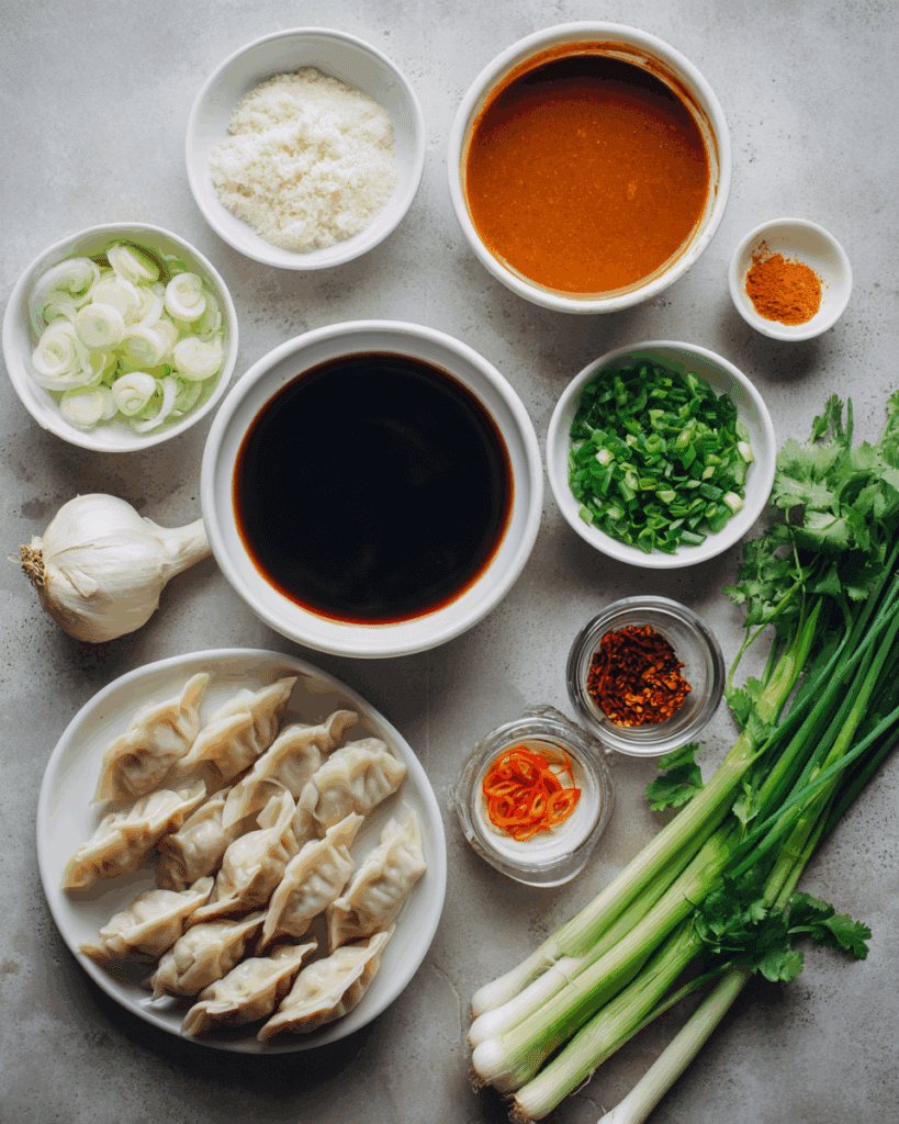 Ingredients arranged for a Baked Potstickers with Thai Curry Sauce
