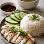 Hainan Chicken Rice served with sauces and cucumber