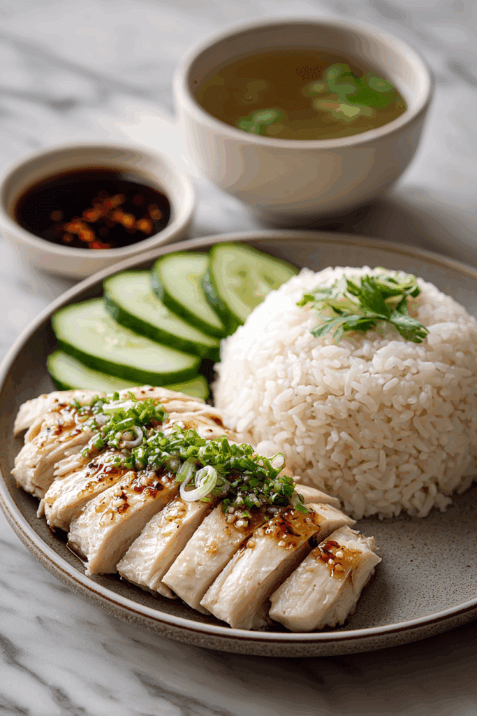 Hainan Chicken Rice served with sauces and cucumber