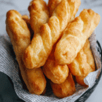 Street vendor frying Thai Fried Dough Sticks in Bangkok market.